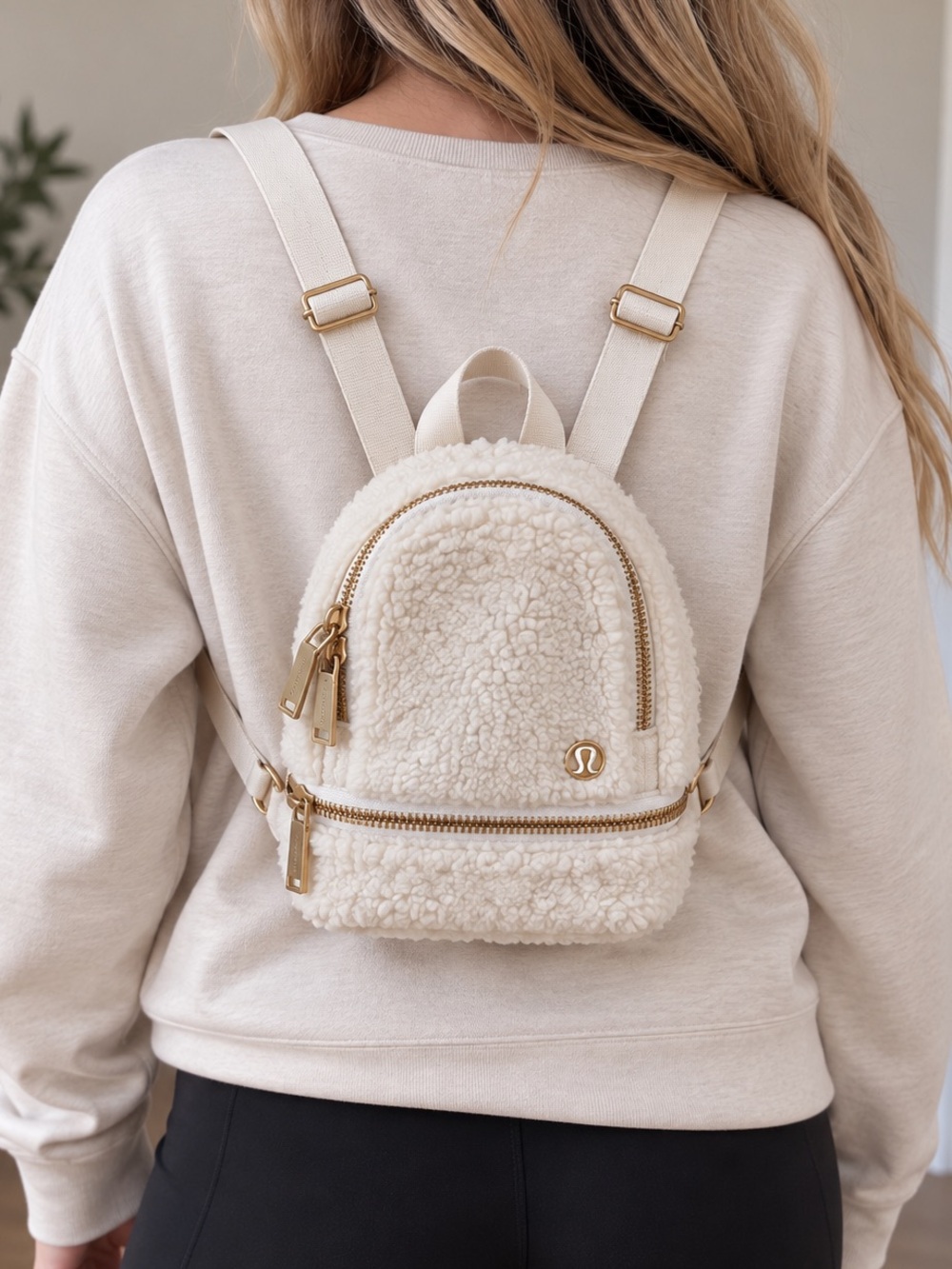 Lululemon City Adventurer Mini Backpack White Opal Sherpa Fleece Gold